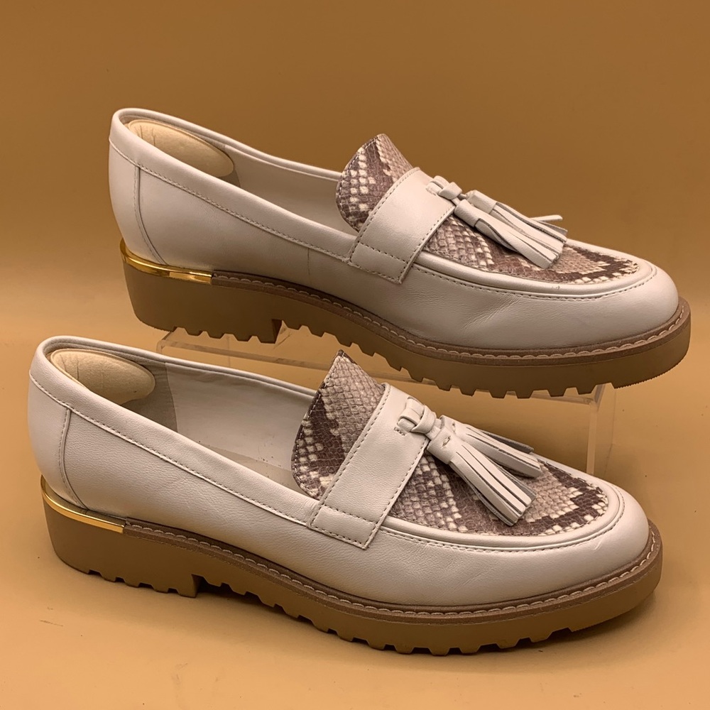 Franco Sarto Carolynn White Tassel Loafers with Snakeskin Accent - Size 8.5M